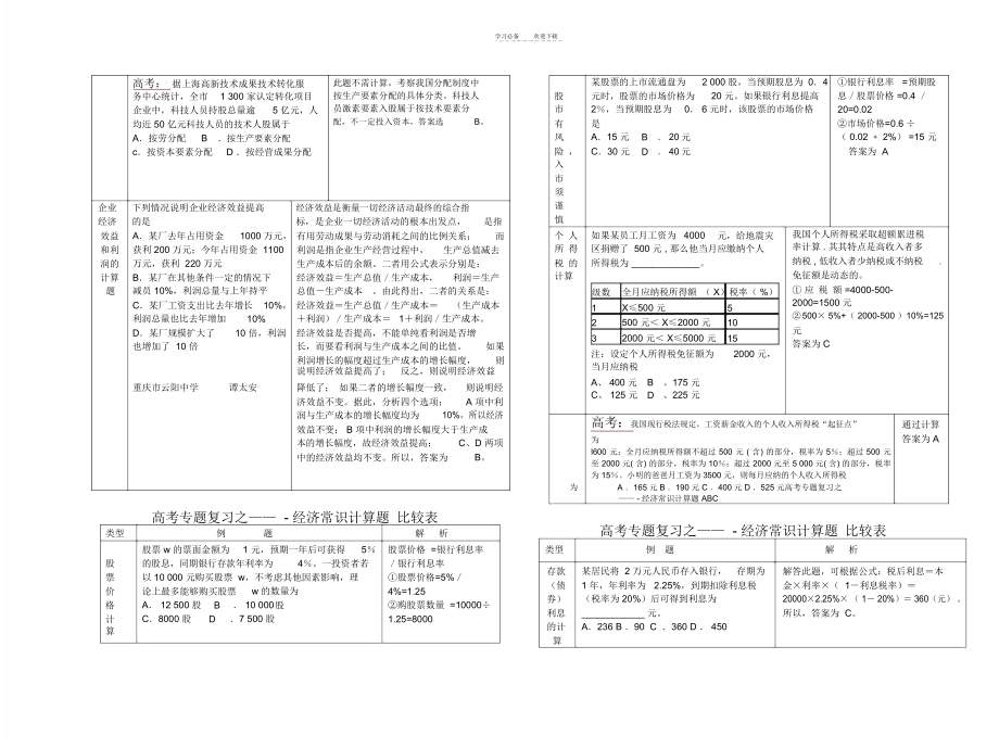 高考专题复习之-经济常识计算题比较表_第2页